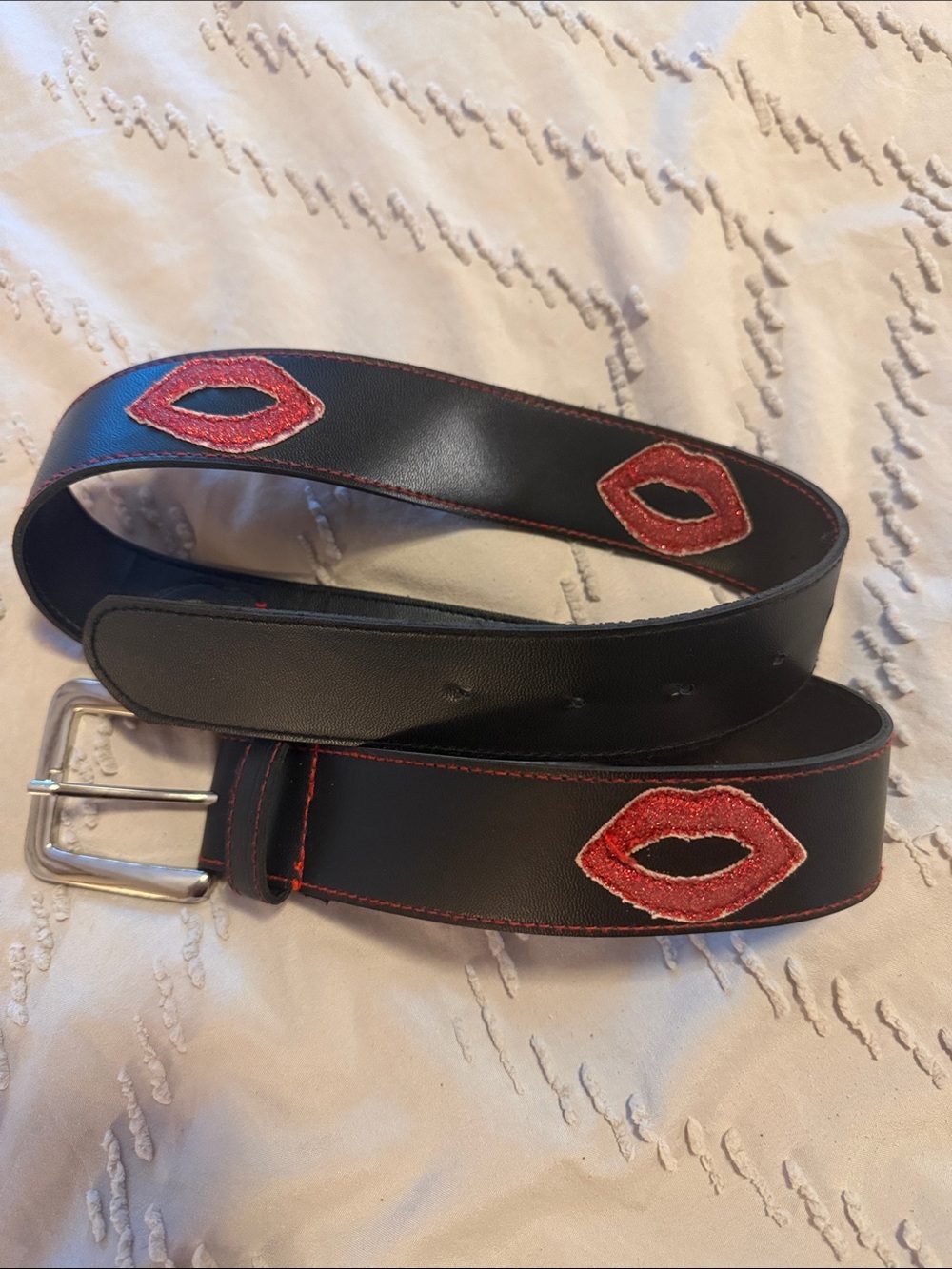 Black Leather Belt with Red Lip Embroidery